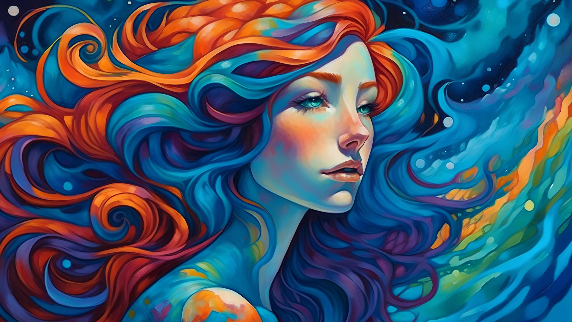 A captivating and surreal portrait of a young woman with rich, multi-colored hair cascading down her shoulders. Her vibrant locks, remini scent of an aurora borealis, are a dazzling blend of blues, oranges, and purples. Her eyes, a striking shade of blue, gaze intently at the viewer, while freckles decorate her cheeks like sprinkles on a delicious treat. The highly detailed and intricately shaded artwork exudes a cinematic quality, with rich colors and blended hues that transport the viewer to