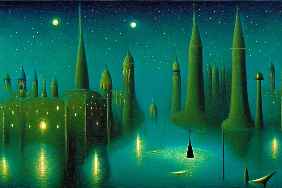 a surreal noctilucent city with arches, domes and rivers by artist "Leonora Carrington",by artist "Agostino Arrivabene",by artist David Inshaw"