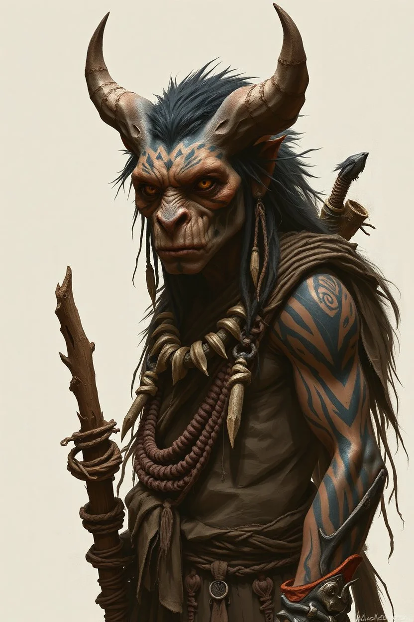 beast Primitive, rugged features, with ritualistic tattoos, markings, or natural adornments like bone or wood. They could have versions of animal-like traits or clothing made from intergalactic resources.
