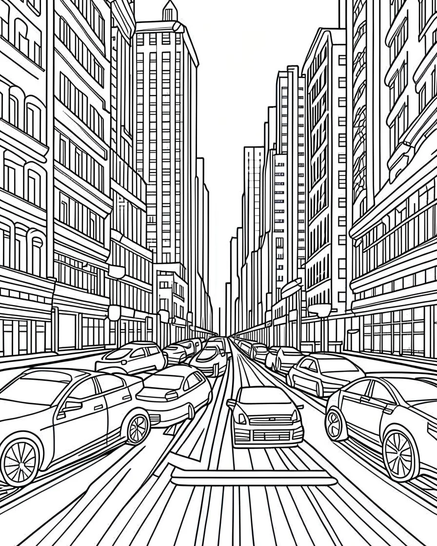 New York City roads coloring page, full body (((((white background))))), only use an outline., real style, line art, white color, clean line art, white background, Sketch style.