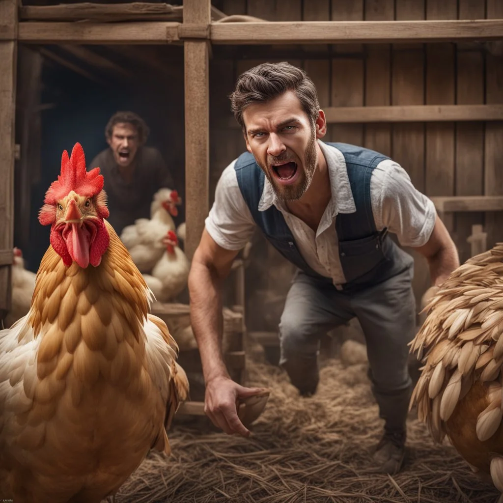 Hyper Realistic a chicken is beating a handsome-young-farmer from its beak inside a chicken coop with scared expressions on farmer's face few haystacks behind & feathers whirling dramatic & cinematic ambiance