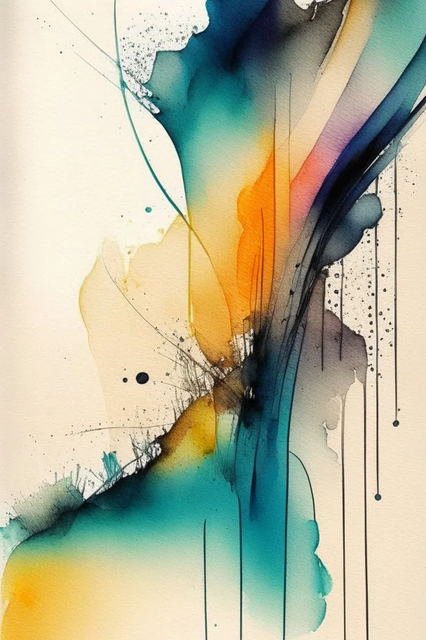 Abstract wet watercolour, ink lines