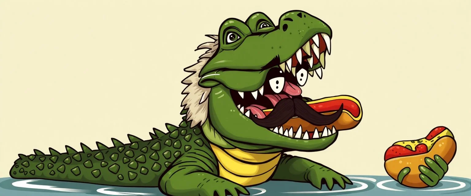 crocodile dog with fluffy hair, doing dog things and eating hot dogs, and mustache man