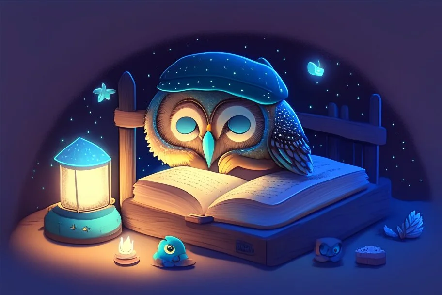 cute chibi bioluminescent owl in sleeping cap is reading a book in a wooden bed at night in starshine
