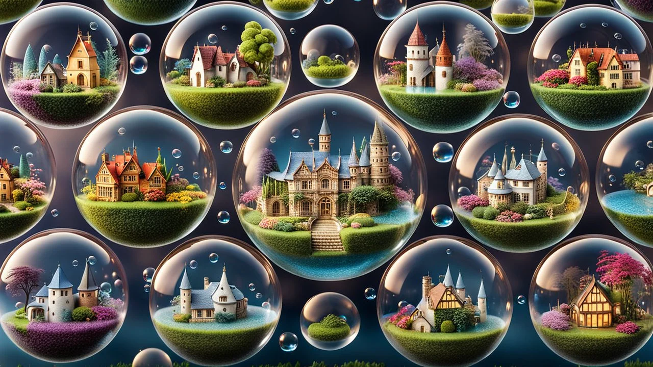 A stunning 3D render of miniature worlds, captured in floating transparent bubbles. Each bubble showcases a unique scene, such as quaint villages, mystic, gardens, tropical island, enchanting castles, alien palnet, or whimsical fairy-tale landscapes. The miniature towns with featuring quaint houses, markets, and charming residents. In the gardens colorful delicate flowers and lush greenery. The castles are majestic and grand, with towers, big gates. Unusual and captivating plants coexist with ma