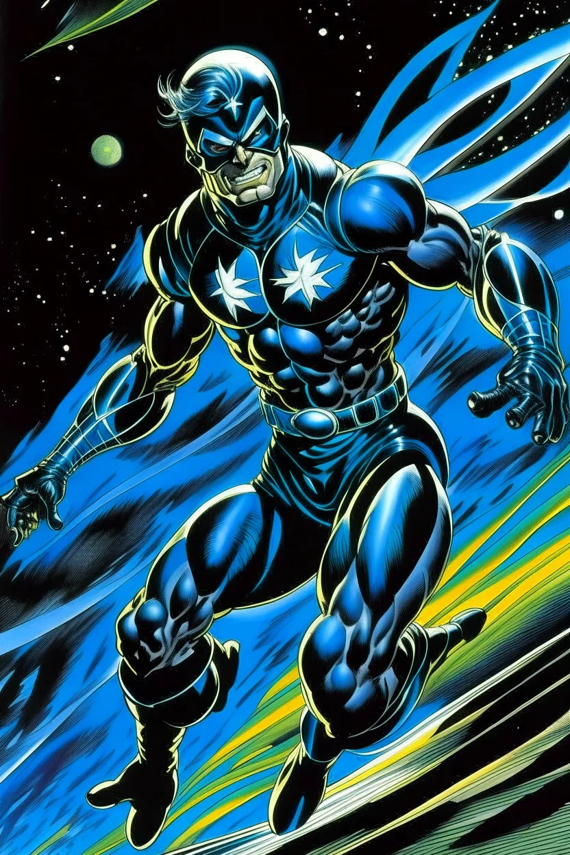 outer space background -- running --art style of neal adams -- an extremely muscular man wearing a black, bandit eye mask, a black, skintight, formfitting cowl, a black, skintight, formfitting kevlar bodysuit, black gloves, silver wrist gauntlets, silver belt, silver knee-high boots, silver lightning emblem on the chest, with cobalt blue eyes, a mustache and goatee, fire, lightning, wind, rain, volcanic lava, fireworks, explosions, multicolored neon lights