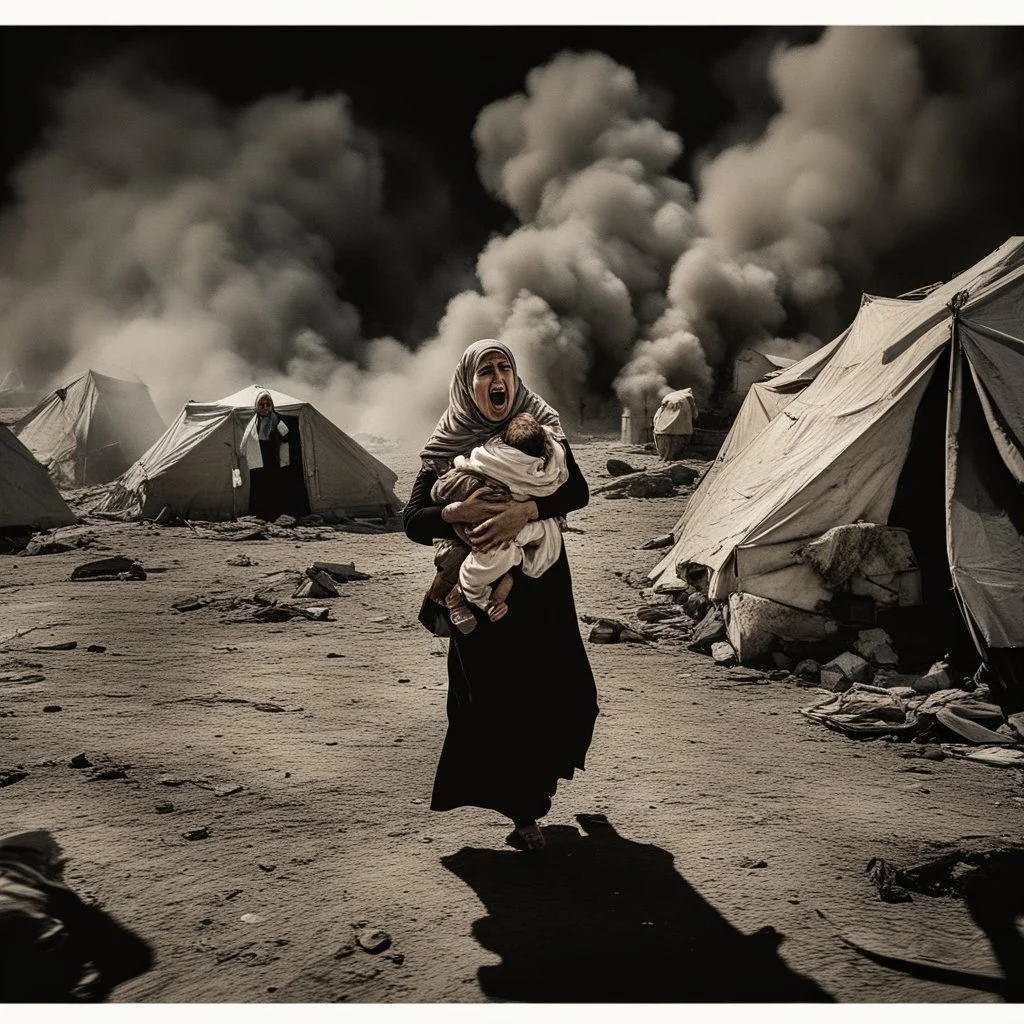 A Palestinian woman wearing the Palestinian dress carries her dead son as she screams and cries at night, with explosions in refugee tents behind her.