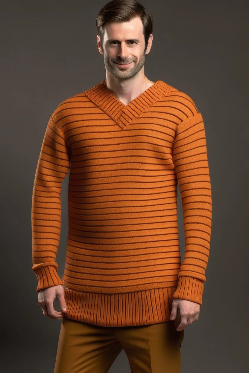 Man's large and long orange jumper with beige stripes