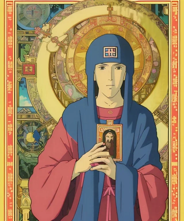 orthodox old icon with saint, patron of photographers. he is holding a camera in one hand and 35mm film in the other. Cyrillic inscriptions are the names of photographic brands. hyperdetailed, Alphonse Mucha, Zdzisław Beksiński, poster, illustration, ink, oil on canvas, 18th century atlas