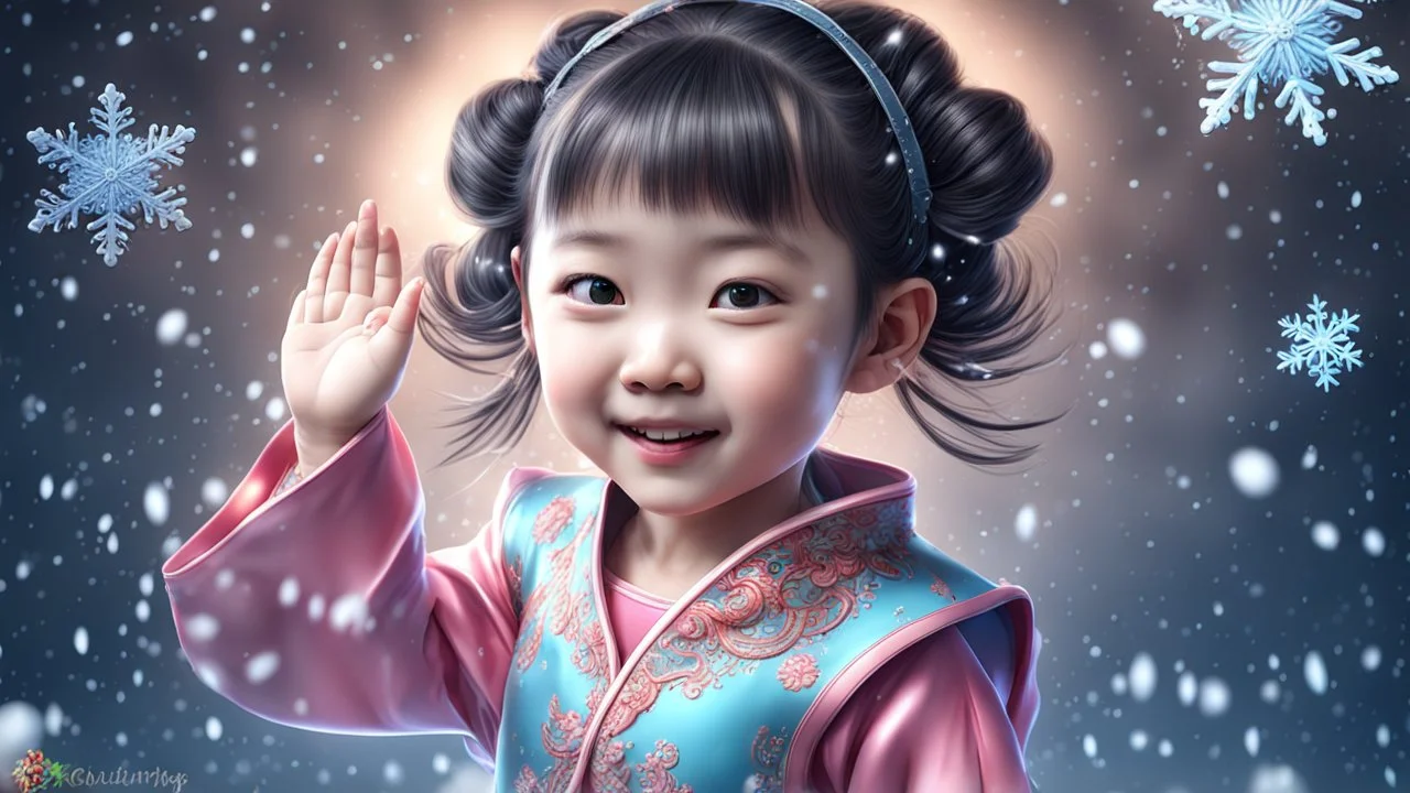 Magical Fantastic young happy Chinese female child, Liquid Structure, Flying snowflakes, excitement, Splash, Portrait Photography, Fantasy Background, Intricate Patterns, Ultra Detailed, Luminous, Radiance, Ultra Realism, Complex Details, Intricate Details, 16k, HDR, High Quality, Trending On Artstation, Sharp Focus, Studio Photo, Intricate Details, Highly Detailed