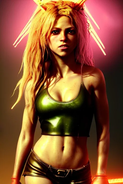 portrait, Shakira, blonde artist, angry, Realistic image, latex style dress. baseball bat, loose long hair, eyes make up, perfect, glow, circle iris. Neon colors, leds, geometric shapes. Dark background, photo studio, neon lights. Mad max, concept art, smooth, unreal engine 5, god lights, ray tracing, RTX, lumen lighting, ultra detail, volumetric lighting, 3d, finely drawn, high definition, 4k.