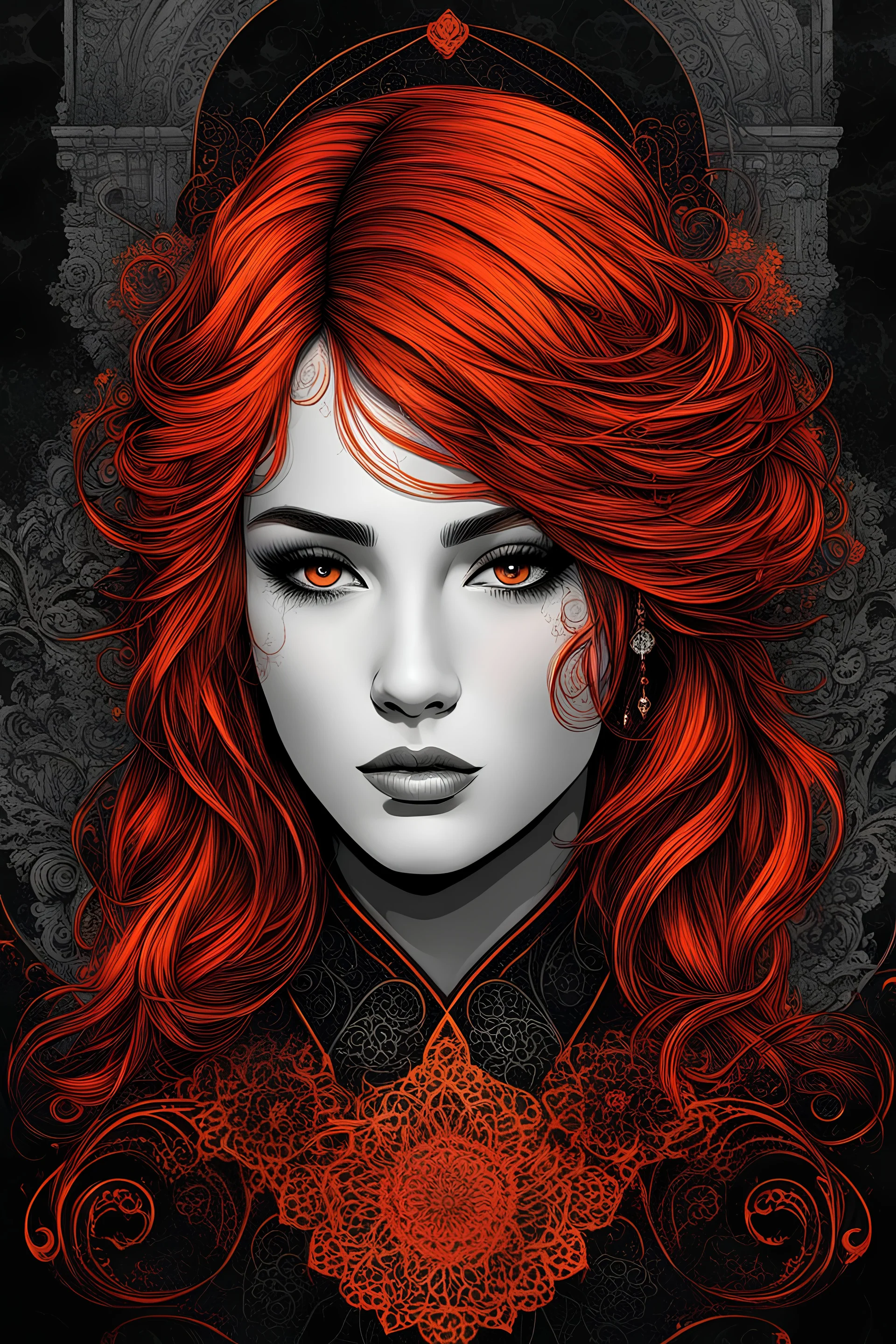 flat,vector art,female,background symbol graffiti,ruined city,concrete,portrait,long red hair,human thoughts art,elegant fantasy,intricate,crisp quality,Bela Magyar,hdr,ultra-detailed,Wet black and orange color inks line art dreamy female portrait with lot of lace filigrees on black canvas illustration described in the perfect fractal (style of Vassily Kandinsky),closed eyes,colorful,masterpiece,expert,insanely detailed,4k resolution,best quality,high quality,vivid