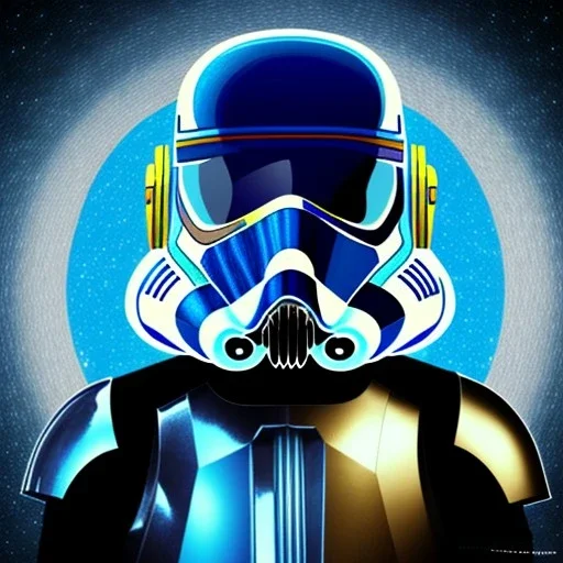 trés beau capitaine galactique, star wars style, avec costumes bleu et or , arrière fond bleu galactique étoilés, casque