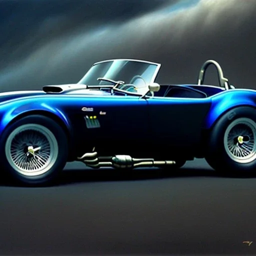 hyperrealism Drawing of 'Dark Blue AC Shelby Cobra 427' three quarter frontal aerial view, by gaston bussiere, greg rutkowski, yoji shinkawa, yoshitaka amano, tsutomu nihei, donato giancola, tim hildebrandt,oil on canvas, cinematic composition,Sharp detail,extreme detail,fit full head inside picture,16k