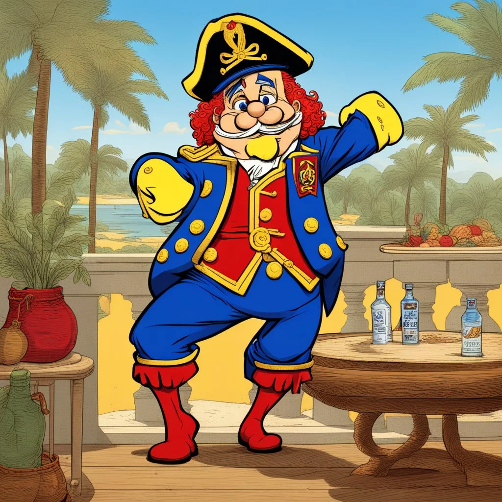 an old Captain Crunch standing in a Captain Morgan pose