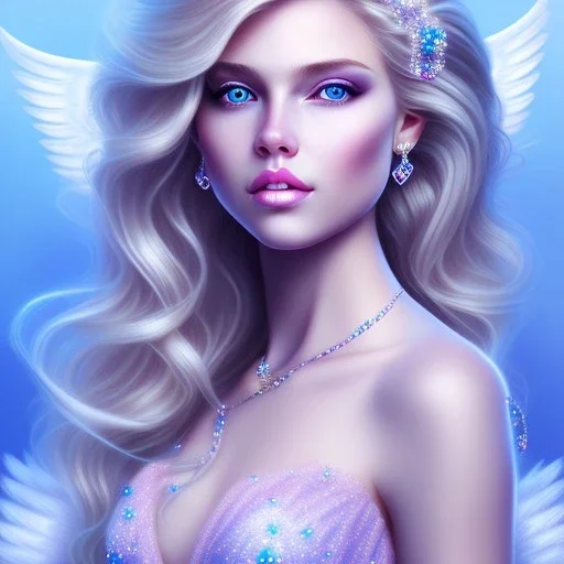 portrait of a beautiful woman with an angel face smiling,long blond hair, blue eyes, pink and blue dress, jewels, soft light aura