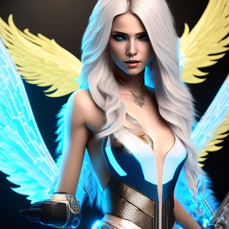 A beautiful portrait of a cute smiling cyberpunk woman with wings, long blond haire, high key lighting, volumetric light high details with white stripes and feathers and blue celtic paterns and luminous glasses in a starry background