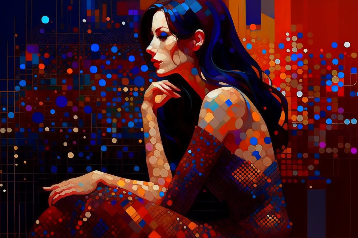 beautiful brunette sensual woman in a body suit, vibrant deep colors abstract minimalism impasto oil atey ghailan Andy Kehoe Jean Baptiste Monge Nagasawa Rosetsu Arthur Adams Hokusai style math art platinum dots concrete art burgundy deep blue golden foil wiring diagram made of dot squares wood stone chopped metal by Norman Rockwell Anton Fadeev krenz cushart disco club deep lighting neon ambience rich light, sequins, glitters, crystal dust, glowing effect rim light, inner glow, volumetric light