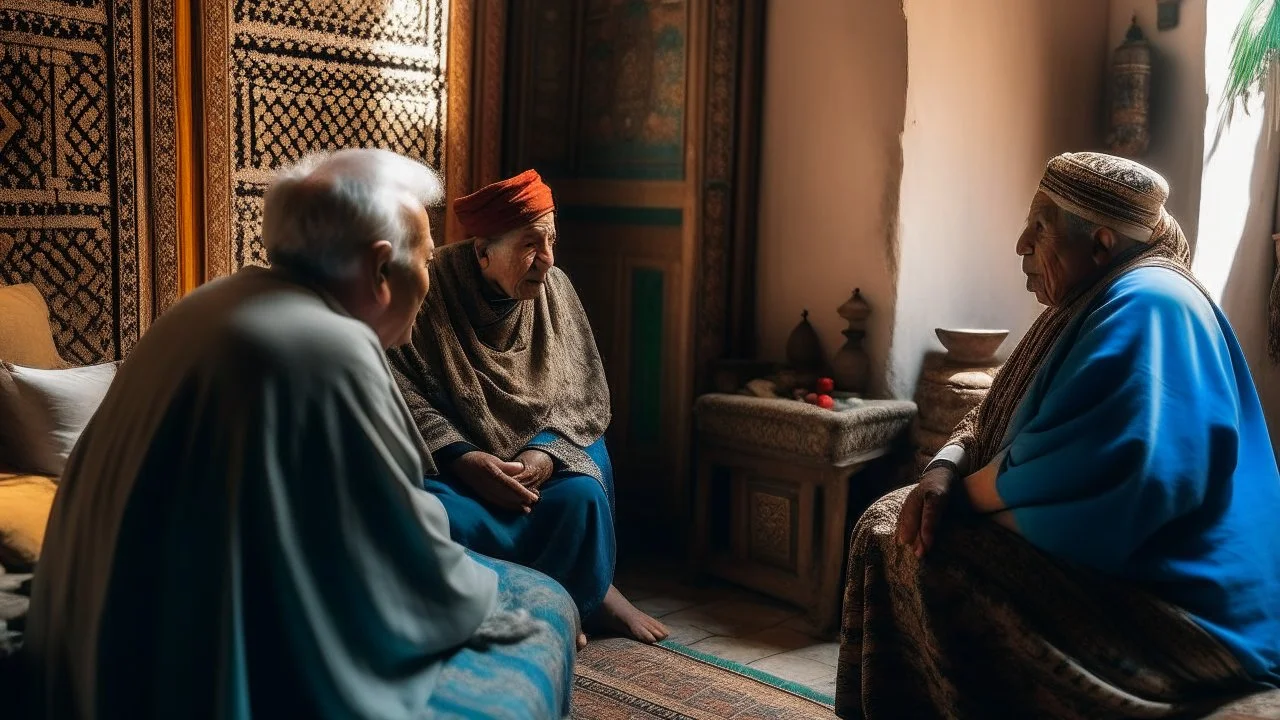 Two fifty-year-old people in traditional Moroccan clothing are discussing in the room of a Moroccan house, with only their backs visible