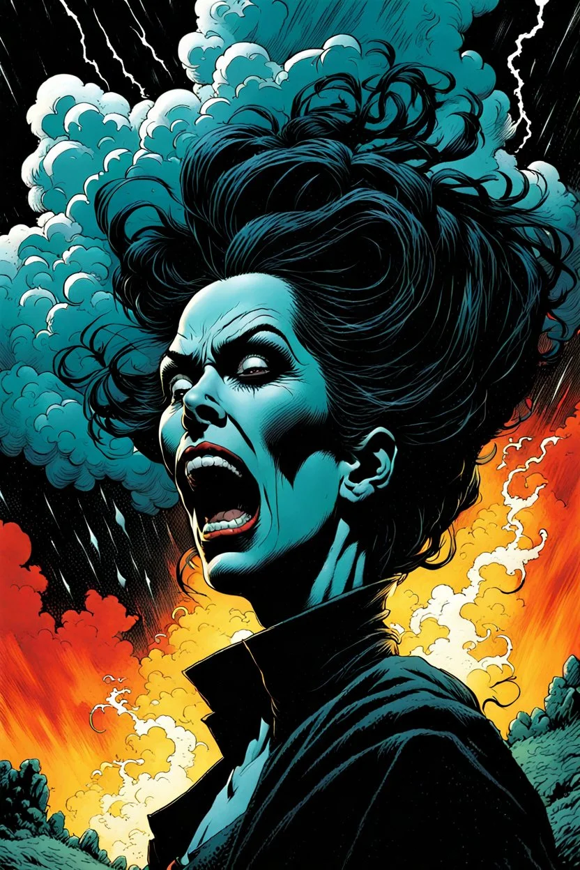 create a surreal horror comic style illustration of female vampire conjuring a violent storm , with highly detailed facial features, in the comic art style of RICHARD CORBEN and MIKE MIGNOLA , searing lines and forceful strokes, precisely drawn, boldly inked, with gritty textures, vibrant colors, dark and dramatic otherworldly lighting