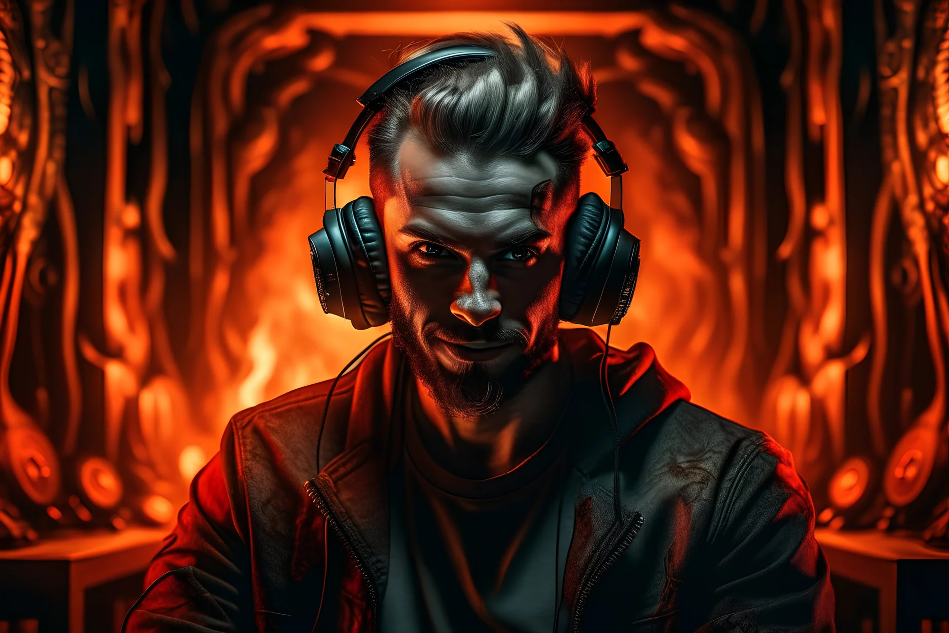 Portrait animateur radio diable cyberpunk, incendie en arrière plan