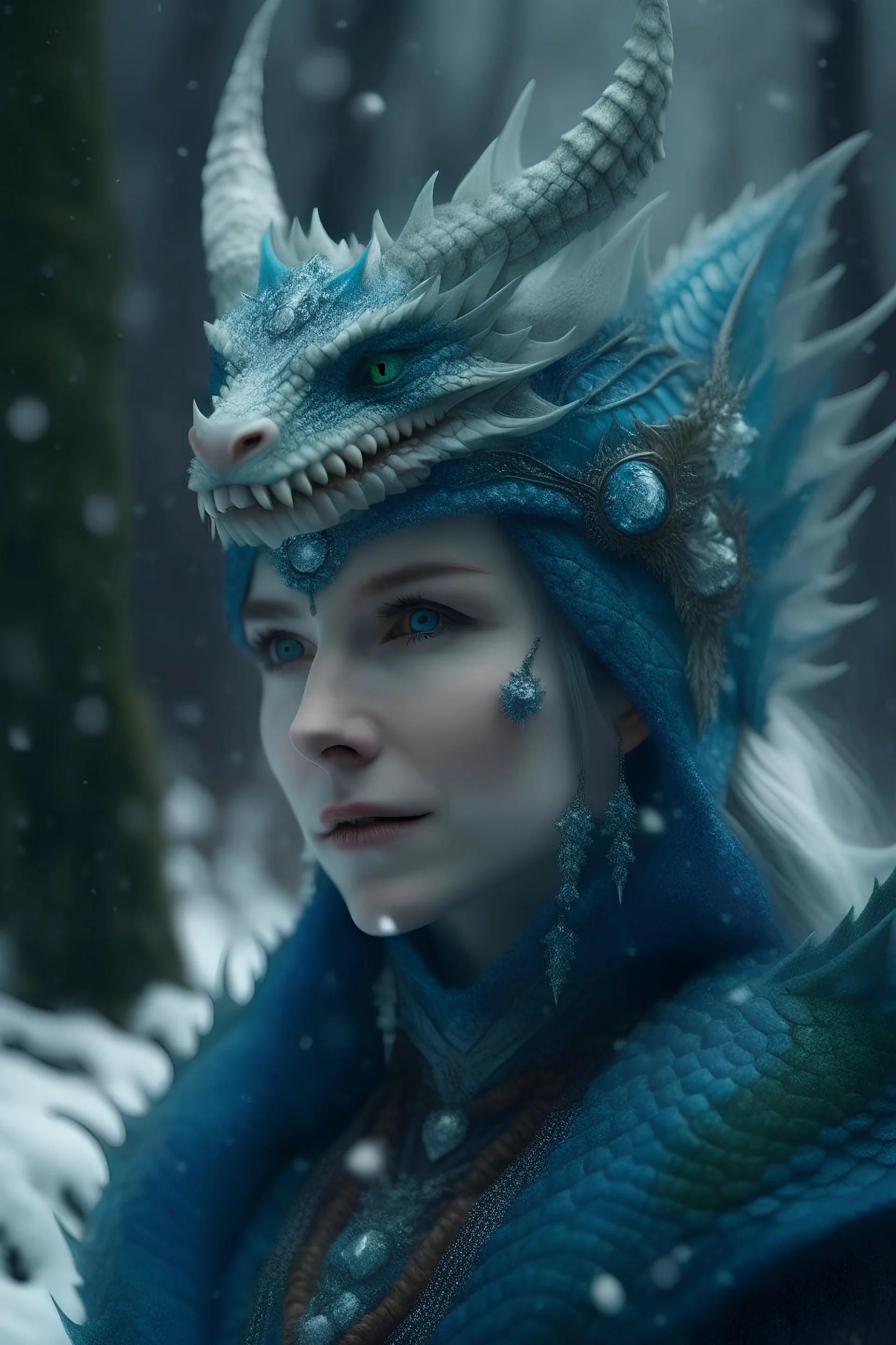 Portrait of Dragon Queen, wearing a green-blue dragon crown, decorated with crystals in mystery snowy forest, realistic details, looking strait