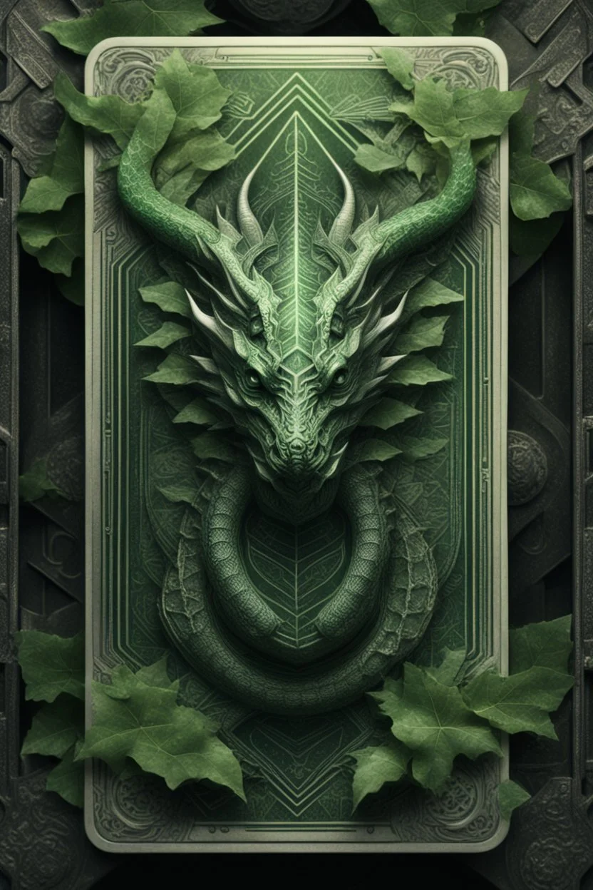 sacred geometry framed playing card, green leaves dragon boss card in the style of Giger and fallout 4 ,,bokeh like f/0.8, tilt-shift lens 8k, high detail, smooth render, down-light, unreal engine