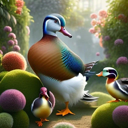 pixar style, volumetric summer garden environment and background, realistic painting of an mandarin duck, looking excited, volumetric lighting, dramatic lighting, detailed digital painting, extreme dense and fine fur, anime, ornate, colour-washed colors, elegant, small minutiae, tiny features, particulars, centered, smooth, sharp focus, renderman gofur render, 8k, uhd, detailed eyes, realistic shaded volumetric lighting, sunlight caustics, backlight, centered camera view