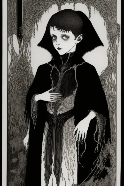 7 year old boy, necromancer, friendly, looks dead,with a long lamprey emerging from his belly , wearing black robes, in the style of Harry Clarke