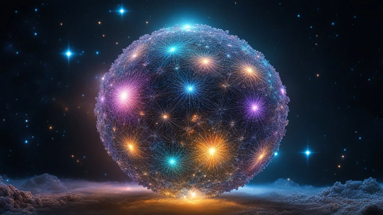 A delicate stellated buckyball, wonderful, beautiful, complete, floating in outer space in the milky way, luminous, glowing, reflective, coloured, fractal texture, exquisite composition, beautiful precise intricate insanely detailed octane render trending on artstation, 8k artistic photography, photorealistic concept art, soft natural volumetric cinematic perfect light, chiaroscuro, award-winning photograph, masterpiece, style of M. C. Escher