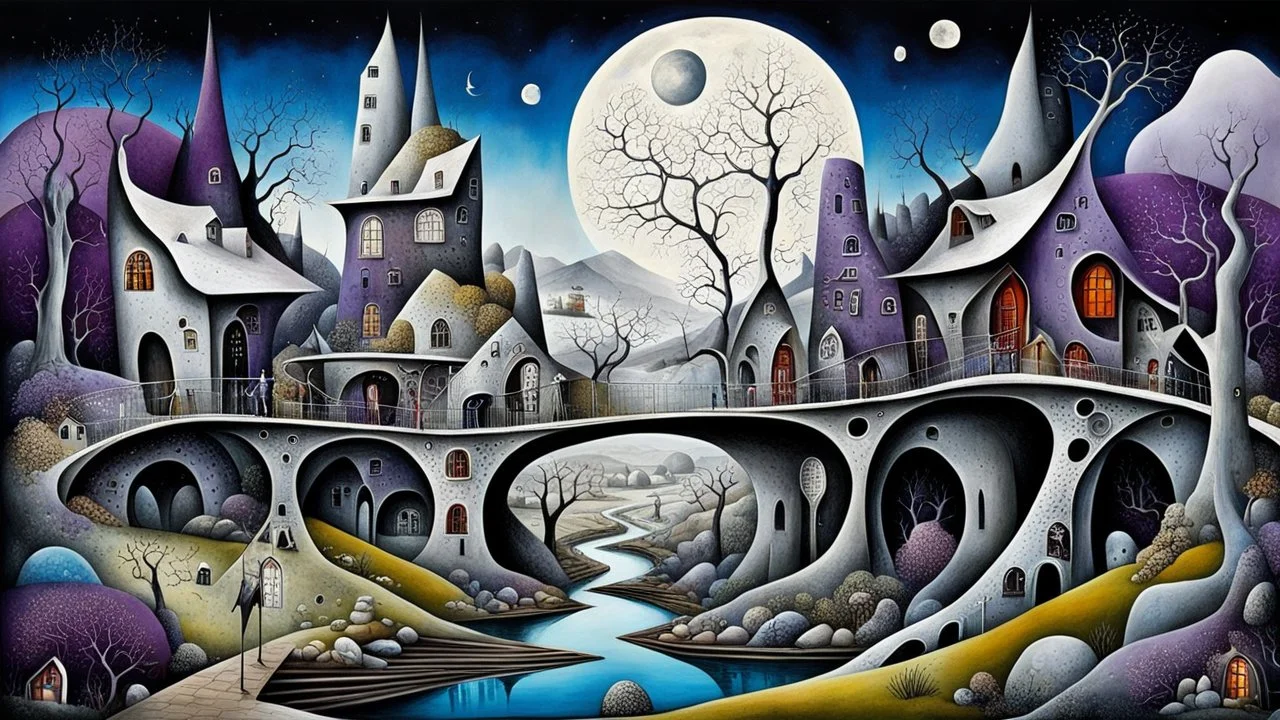 whimsical weird houses stand in village in weird whimsical landscape with long two bridges, surreal vibe with abstractions, around surreal cracked painted weird land with rocks, trees, two moon, deep dark purple, gray, black, white, brown pale blue colors. style of Chagall , of Minjae Lee and Tim Burton, absurd beauty picture. weird bizarre absurd, nightmare, big neuron network clouds background and thin bridges, too big, too elongated shapes, psychedelic dream