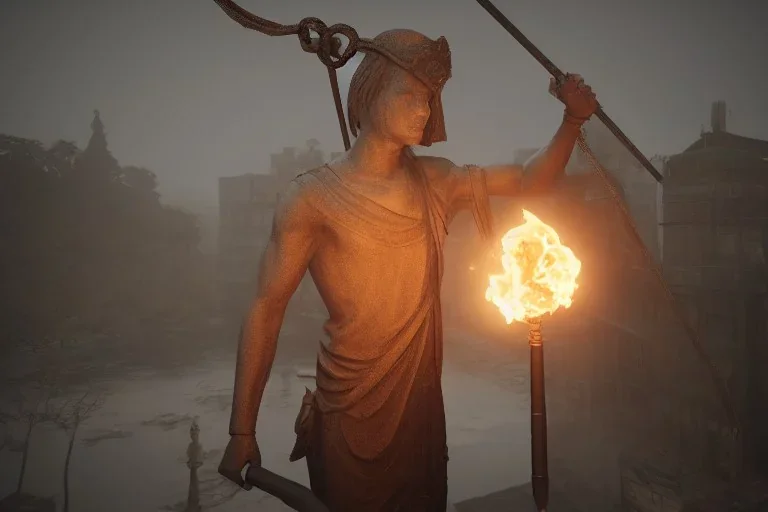 Torch lit statue, atmospheric, realistic, unreal engine, cinematic lighting, octane render.