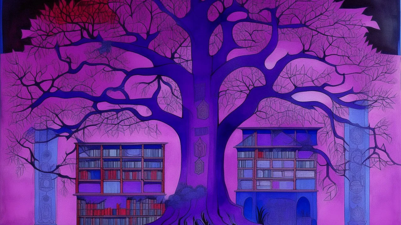 A red violet Norse library with a mystical tree designed in Heidrun manuscripts painted by Lyonel Charles Feininger