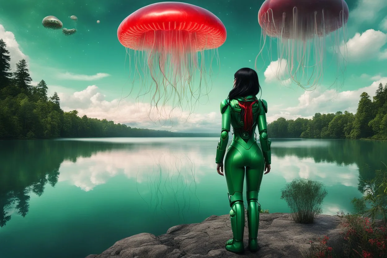 Photorealistic Photo Of A long black-haired woman in a green robot suit, Looking Out Over A Lake With jellyfish with red Tentacles, Tall Narrow Cloud Trees In The distance with an alien sky