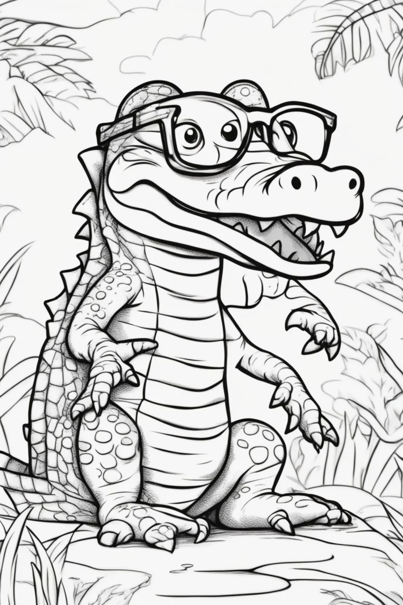 Outline art for cute coloring pages with crocodile with glasses, full body, white background, sketch style, only use outline, clean line art, no shadows and clear and well outlined.