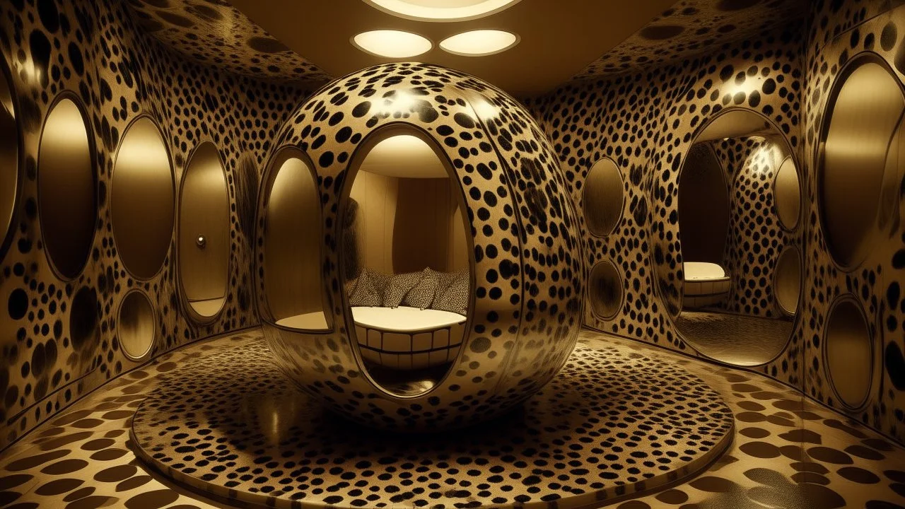 Interior of a spherical room, with holes, mirrors, and a hidden inhabitant, Leopard pattern, Voxel art, Glamorous makeup, Traditional interior design, Tintype
