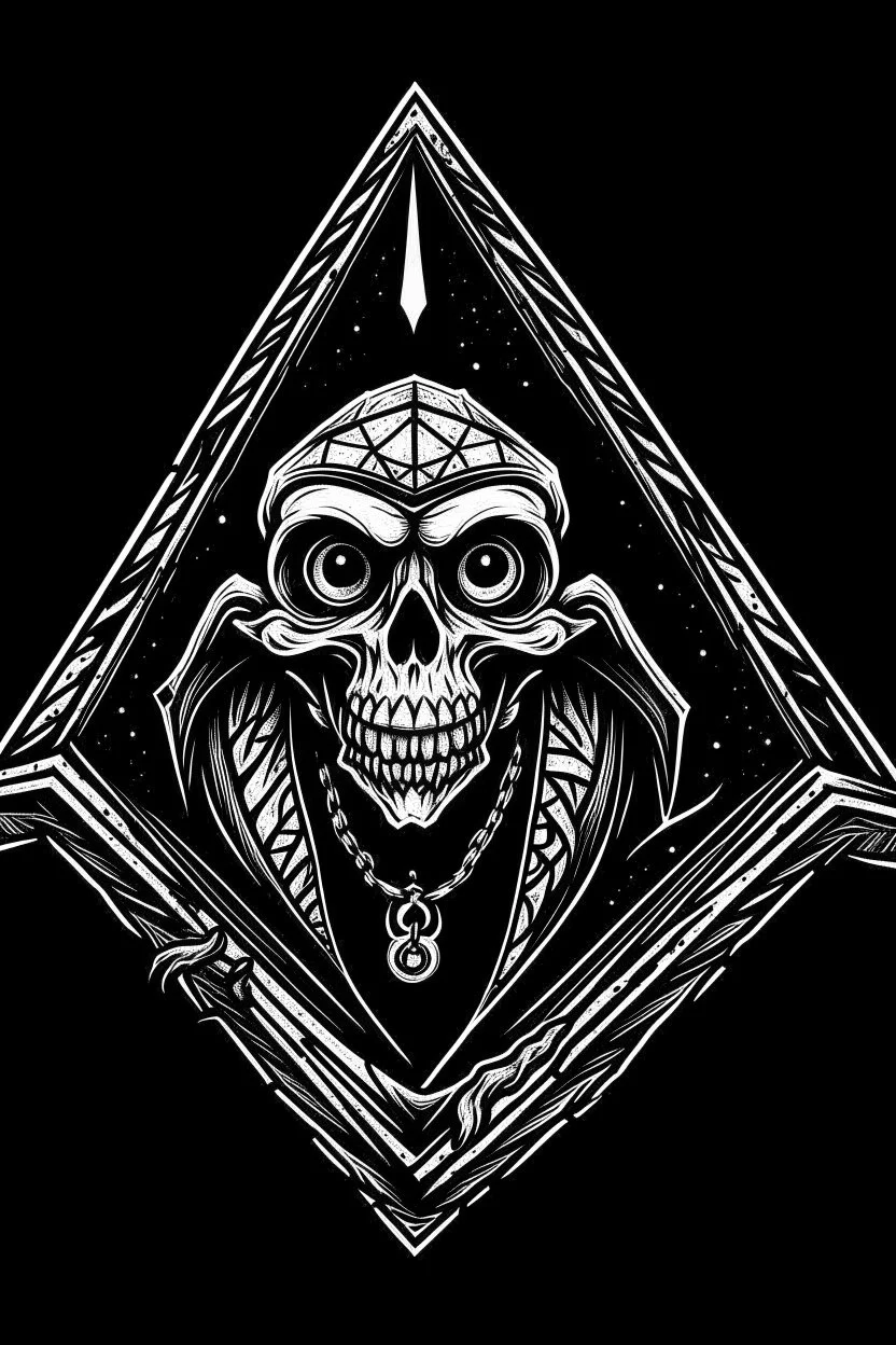 rat fink skeleton in a black hooded cloak drawn in a retro mascot style, inside a light diamond shape on a black background, monochromatic