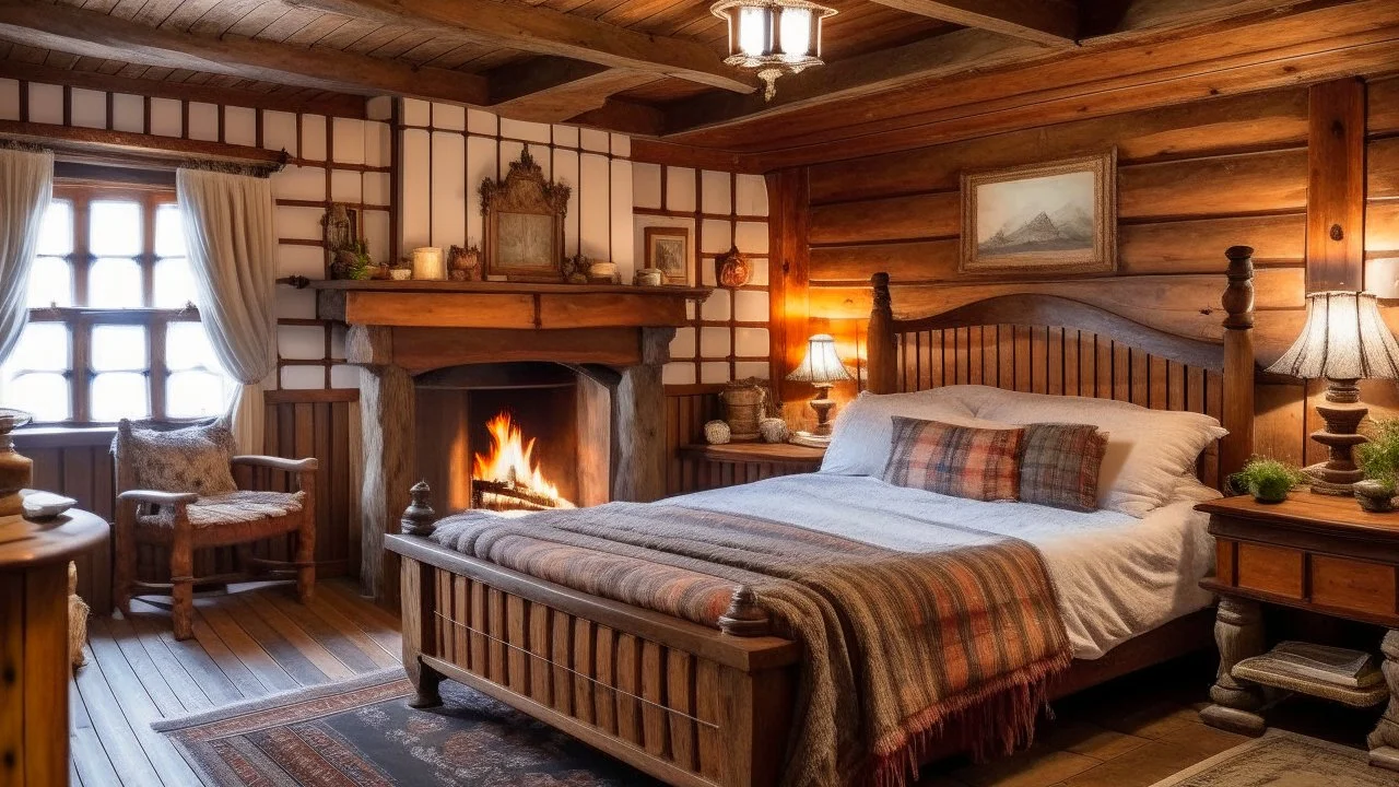 An old-fashioned bedroom with a wooden bed, a fireplace, and various antique furniture items. The room has a rustic, cozy atmosphere with wooden walls and ceiling beams