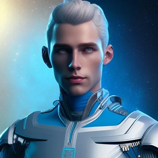 Full body ,Beautiful cosmic man, blue eyes, long blond hair, cosmic suit, galactic backdrop, soft lighting, hyper realistic, unreal engine 5, 16k