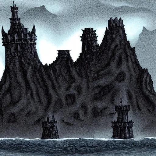 dnd, fantasy, black castle, black sand, illustration, demonic, brutalist