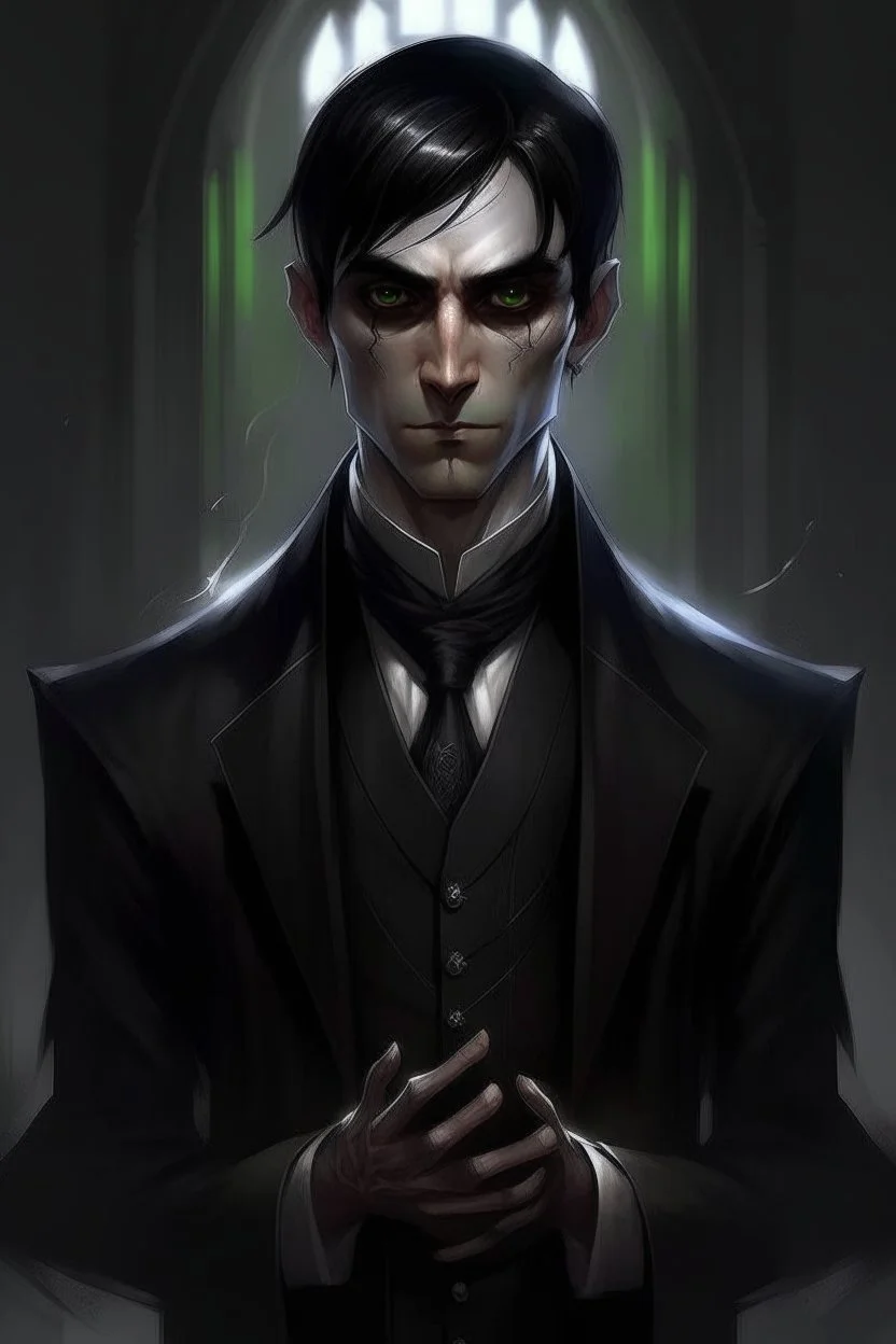 the dark butler, young elf with dark hair, dark clothes, shadow magic, expressive eyes