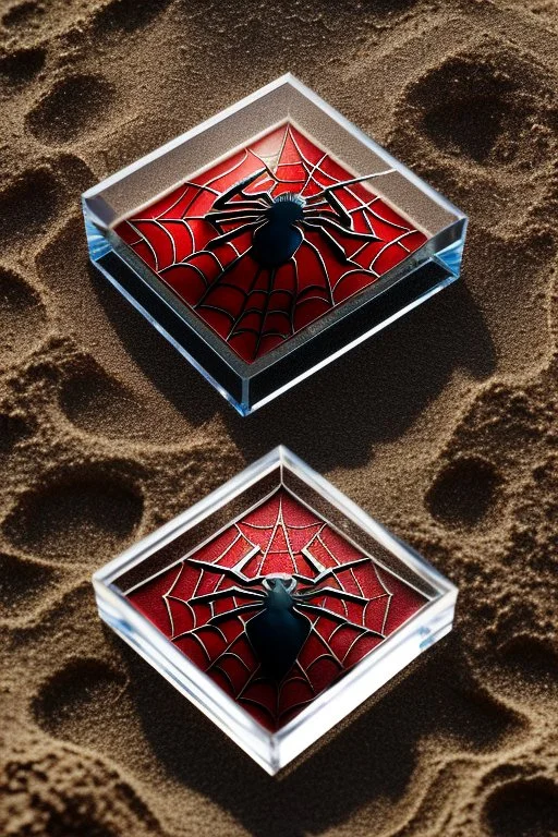 Spiderman's close up footprint lodged within sand in a neat, square display glass box, "spiderman" engraved on small metal plate outside of the box, realistic and highly detailed, 8k