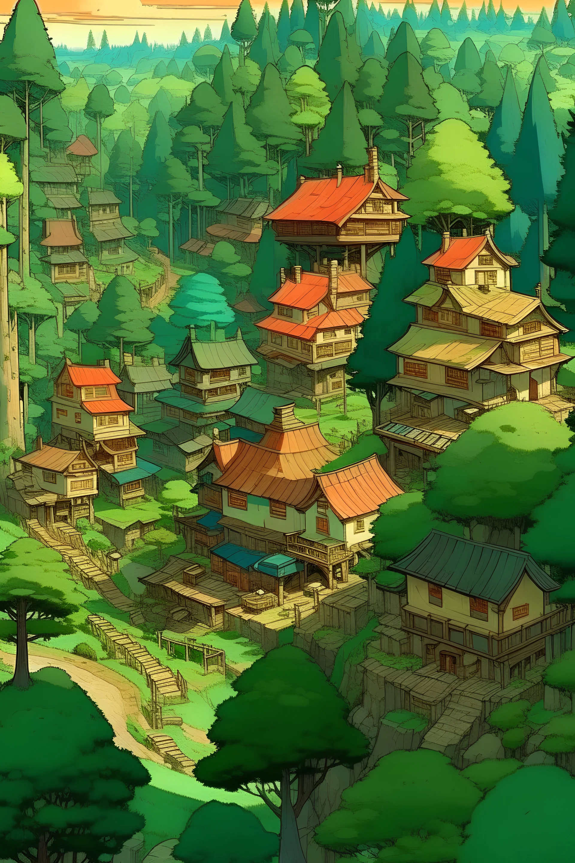 many houses in a forest, ghibli style