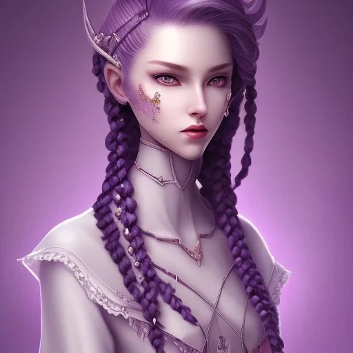 Handsome, Beautiful, Non-binary, Purple, dark witch, pale skin, short hair with braids