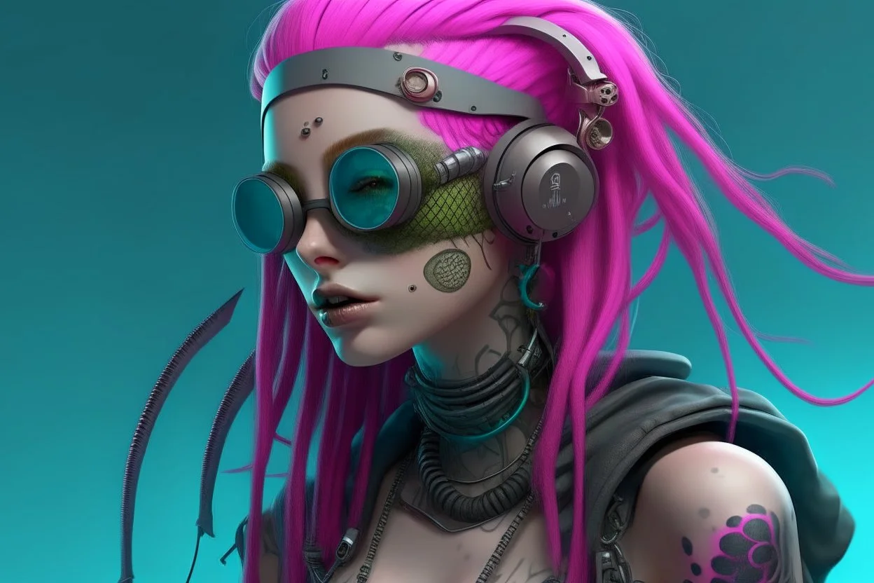 mermaid cyberpunk some fish scales on face pink hair dreadlock sunglasses entire body