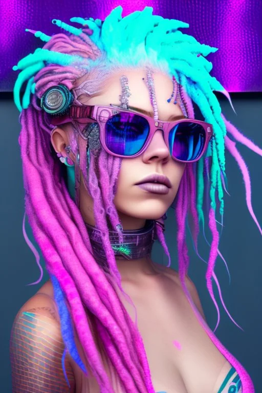 mermaid cyberpunk some fish scales on face pink hair dreadlock sunglasses gem in front