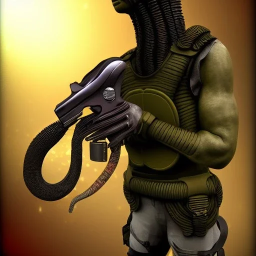 Alien, snake, metaljellyfishsombrero, vest, hands, holding gun, holster, steel military boots, squishy, chest plate, oxygen mask, bulbus nos snout, reptile pupil, blasterrifle, desert