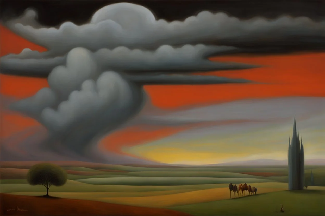 a surreal landscape with dramatic storm clouds by artist "Mark Rothko",by artist "Leonora Carrington",by artist "David Inshaw"