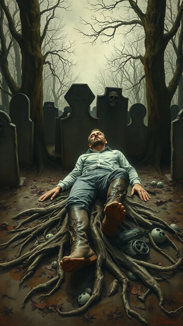 Bosch painting style nightmare, a man with legs looks like tree roots , laying down in a graveyard , dramatic sad scene, fantasy,