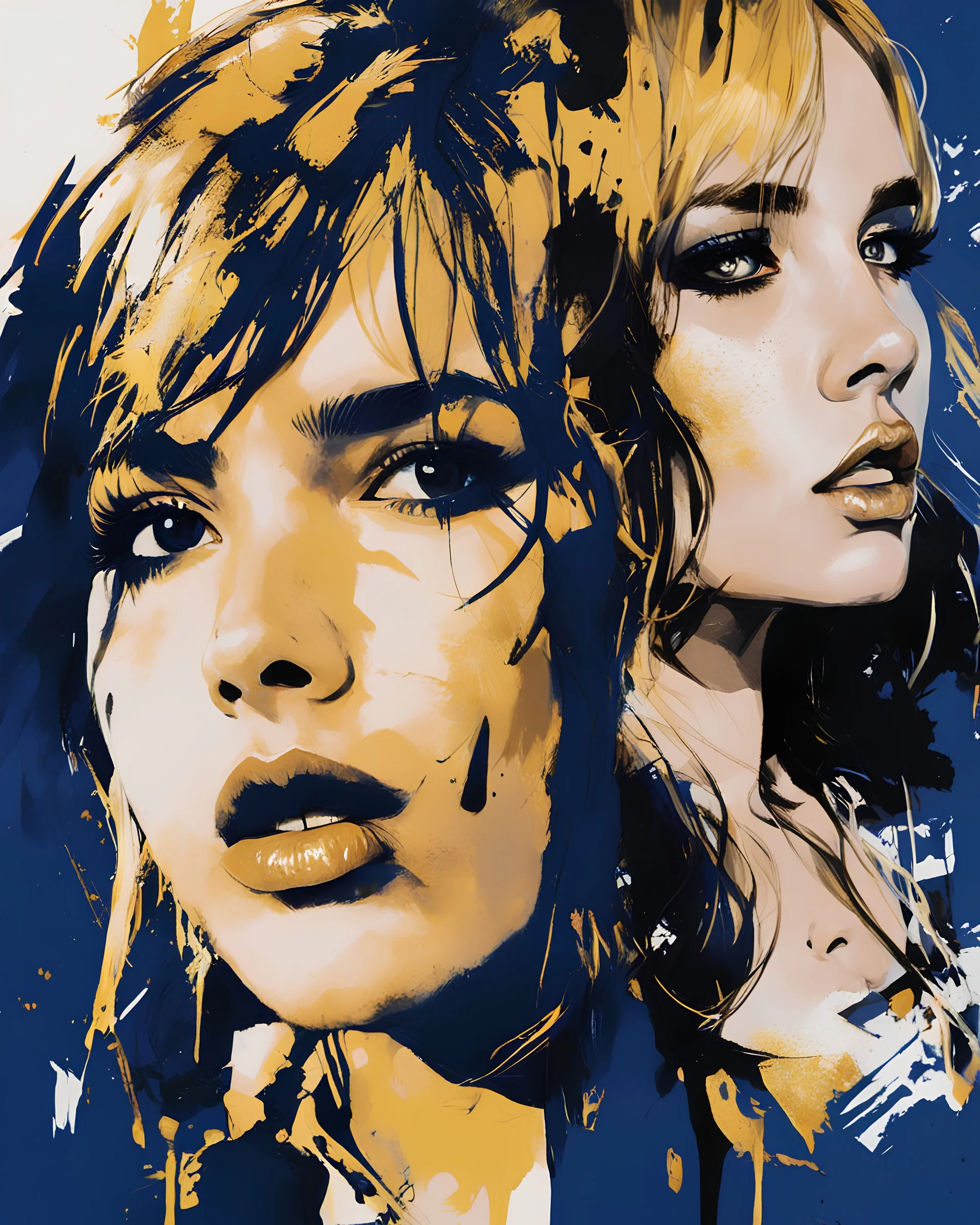 Poster in two gradually, a one side the Singer Danish MØ face and other side the Genna Ortega face, painting by Yoji Shinkawa, darkblue and gold tones,